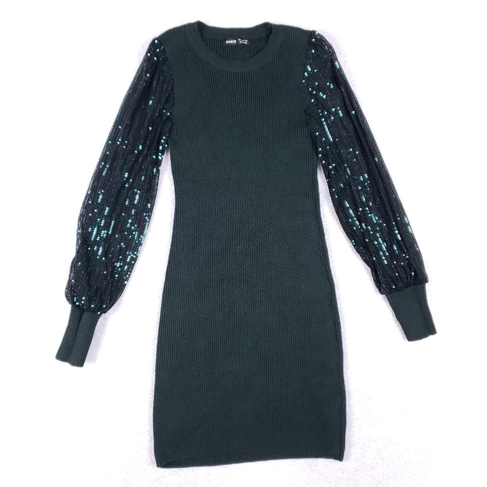 SHEIN Sequin Puff Sleeve Knit‎ Dress Small Green